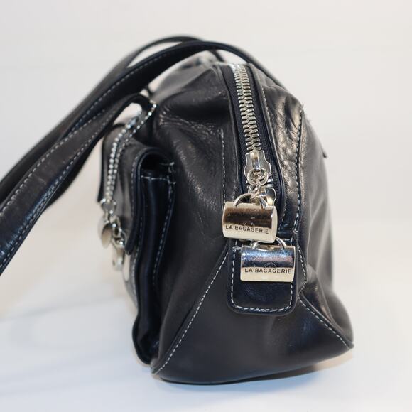 La Bagagerie Black Leather Satchel Tote with Front Pockets - Picture 4 of 7